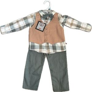 Plaid Shirt with Tan Vest and Gray Pants Set